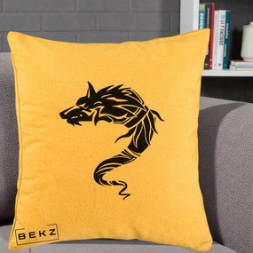 Perna Decorativa Lup Tribal Alb-Negru, 40x40 cm, Galben, Husa Detasabila, Perna Inclusa, BEKZ®
