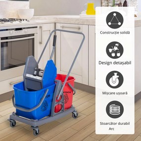 HOMCOM Carucior de Curățenie cu Stoarcere, 2 Găleți, Profesional, Albastru și Roșu | Aosom Romania