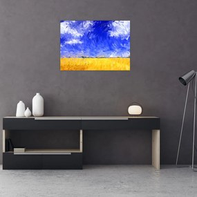 Tablou pe sticlă - Pictură în ulei, câmp auriu (70x50 cm)