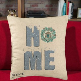 Perna Decorativa HOME Iarna cu Coroana, 40x40 cm, Bej, Husa Detasabila, Perna Inclusa, BEKZ®