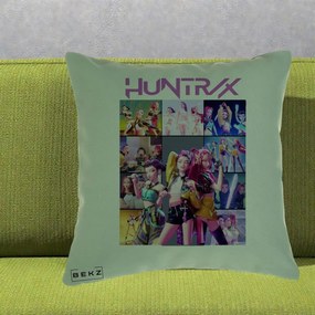 Perna Personalizata K-pop HUNTRX Colaj Animat Foto Grup, 40x40 cm, Verde, Husa Detasabila, Perna Inclusa, BEKZ®