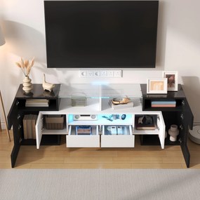 Dulap TV cu iluminare LED, suprafețe din sticlă, cu 6 uși, 2 sertare și 3 compartimente, 145x30x51 cm, Alb+Negru