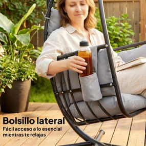 Outsunny Fotoliu Suspendat Tip Ou cu Suport Coș Pliabil Tetieră Pernă Buzunar Lateral Sarcină 120 kg Gri Închis | Aosom Romania