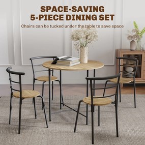 HOMCOM Set Masă Rotundă de Dining cu 4 Scaune Economisitor de Spațiu în Lemn și Metal Stil Industrial | Aosom Romania
