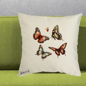 Perna Decorativa Colectie Fluturi Multicolori, 40x40 cm, Ecru, Husa Detasabila, Perna Inclusa, BEKZ®