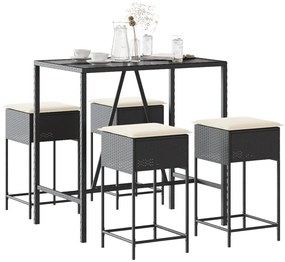 vidaXL Set mobilier bar de grădină cu perne, 5 piese, negru, poliratan