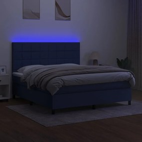 Pat cu arcuri, saltea si LED, albastru, 160x200 cm, textil Albastru, 160 x 200 cm, Cu blocuri patrate