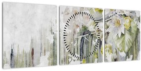 Tablou - Flori albe, vintage (cu ceas) (90x30 cm)