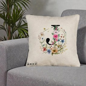 Cadou Personalizat - Perna Personalizata Monogram Litera J cu Flori Acuarela, 40x40 cm, Bej Canapea, Husa Detasabila, Perna Inclusa, BEKZ®