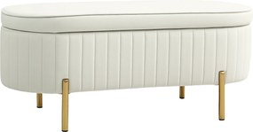 HOMCOM Bancă de Depozitare de Intrare Ovală 72L, Design Canelat cu Capac Rabatabil și Scaun Capitonat, Bancă de la Capătul Patului, Pouf, în Velur și cu Picioare din Lemn de Pin, 108x44x43.5 cm, Crem | Aosom Romania