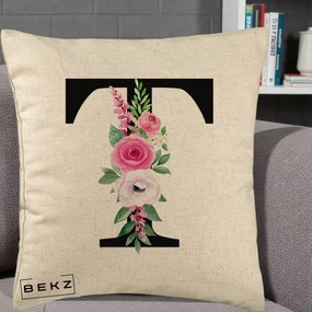 Cadou Personalizat - Perna Personalizata Monograma Florala Litera T, 40x40 cm, Bej, Husa Detasabila, Perna Inclusa, BEKZ®