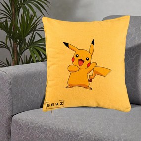 Perna Personalizata Pikachu Fericit, 40x40 cm, Galben, Husa Detasabila, Perna Inclusa, BEKZ®
