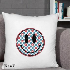 Perna Decorativa Smiley Face Checkered cu Floricele, 40x40 cm, Alb Pufos, Husa Detasabila, Perna Inclusa, BEKZ®