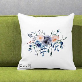 Perna Decorativa Buchet Flori Albastre Acuarela, 40x40 cm, Alba Mata, Husa Detasabila, Perna Inclusa, BEKZ®