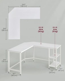 Birou in forma L, 138 x 138 x 76 cm, PAL melaminat / metal, alb, Vasagle