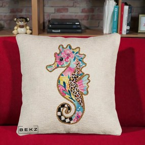 Perna Decorativa Calut de Mare Glitter Tropical, 40x40 cm, Bej Canapea, Husa Detasabila, Perna Inclusa, BEKZ®