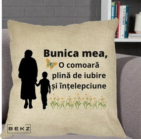 Cadou pentru Bunica - Perna Personalizata Bunica Mea Comoara cu Fluture si Baietel, 40x40 cm, Crem, Husa Detasabila, Perna Inclusa, BEKZ®