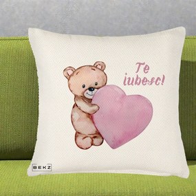Cadou Romantic - Perna Personalizata Te Iubesc Ursulet cu Inima Roz Acuarela, 40x40 cm, Crem Reliefat, Husa Detasabila, Perna Inclusa, BEKZ®