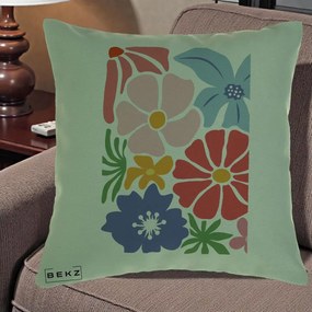 Perna Decorativa Flori Grafice Roz-Rosu-Albastru, 40x40 cm, Verde, Husa Detasabila, Perna Inclusa, BEKZ®