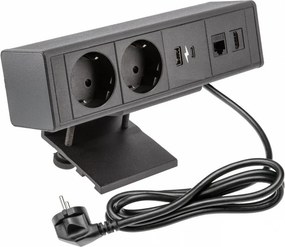 Priză pentru birou Bar GTV, 2 prize Schuko, USB A + C, HDMI, RJ45, negru, 166.5 x 96 mm Negru, Aluminiu/Plastic, L:166.5 mm; l:96 mm; H:170 mm