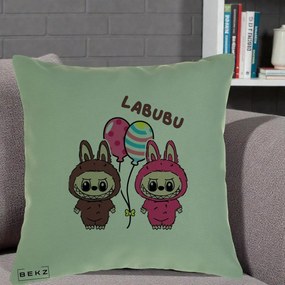 Perna Personalizata Labubu Cuplu cu Baloane, 40x40 cm, Verde, Husa Detasabila, Perna Inclusa, BEKZ®