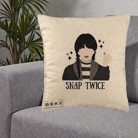 Perna Personalizata Wednesday Snap Twice, 40x40 cm, Bej, Husa Detasabila, Perna Inclusa, BEKZ®