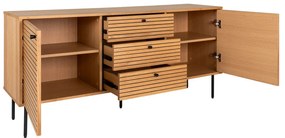 Comodă Kyoto cu 3 sertare, 2 uși, furnir de stejar, natural, picioare din metal negru, 150x40x74 cm