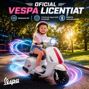 AIYAPLAY Motocicletă Electrică pentru Copii cu Licență Vespa, Baterie Reîncărcabilă 6V, Roți Ajutătoare și Lumini, 2-4 Ani, Albă | Aosom Romania
