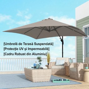 Outsunny Umbrelă de Soare cu 8 Lamele cu Pedală și Manivelă, Umbrelă de Soare din Aluminiu și Poliester, 295x295x266 cm, Kaki | Aosom Romania