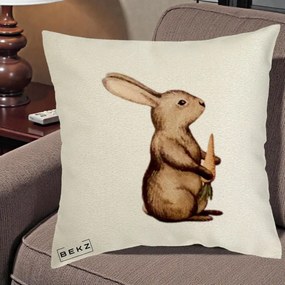 Perna Decorativa Iepuras Acuarela cu Morcov, 40x40 cm, Ecru, Husa Detasabila, Perna Inclusa, BEKZ®