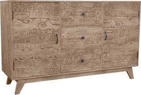Bufet living în stil etnic, din lemn de mango, natur, cu 2 uși sculptate manual, 3 sertare și picioare înclinate, 91 x 150 x 45 cm, „Kheda”