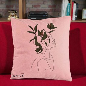 Perna Decorativa Portret Feminin Crin Verde, 40x40 cm, Roz, Husa Detasabila, Perna Inclusa, BEKZ®