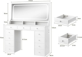 Masuta machiaj cu Oglinda LED si 11 Sertare pentru Cosmetice, Set Masa toaleta 110 cm, Alb, masuta cosmetica, vanity - SEA909