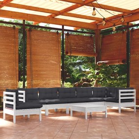 3096738 vidaXL Set mobilier grădină cu perne, 9 piese, alb, lemn masiv pin