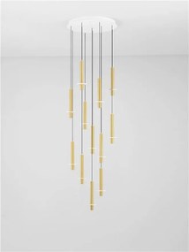 Lustra cu 12 Pendule tub subtire aluminiu auriu si alabastru LED NOEMI