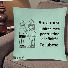 Cadou pentru Sora - Perna Personalizata Sora Mea Te Iubesc Copii Tinand Maini Line Art, 40x40 cm, Verde Menta, Husa Detasabila, Perna Inclusa, BEKZ®