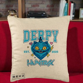 Perna Personalizata K-pop HUNTRX Derpy Pisica Albastra, 40x40 cm, Bej, Husa Detasabila, Perna Inclusa, BEKZ®