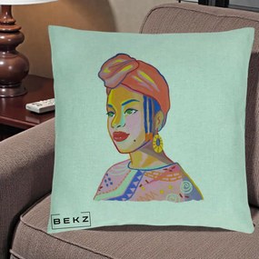 Perna Decorativa Portret Femeie Africana, 40x40 cm, Verde Menta, Husa Detasabila, Perna Inclusa, BEKZ®