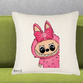 Perna Personalizata Labubu Roz cu Funda, 40x40 cm, Crem Reliefat, Husa Detasabila, Perna Inclusa, BEKZ®