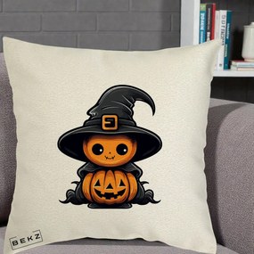 Perna Decorativa Halloween Dovleac Vrajitor Kawaii, 40x40 cm, Ecru, Husa Detasabila, Perna Inclusa, BEKZ®
