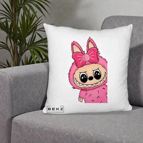 Perna Personalizata Labubu Roz cu Funda, 40x40 cm, Alb Pufos, Husa Detasabila, Perna Inclusa, BEKZ®