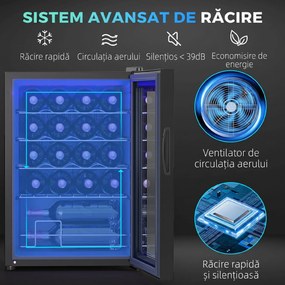 HOMCOM Frigider pentru Vinuri de 20 Sticle cu Temperatură Unică 5-18°C, Geam Anti-UV și Rafturi Reglabile, 43x45x64 cm, Negru | Aosom Romania