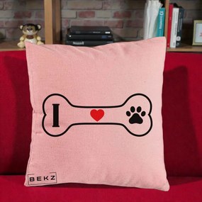 Perna Personalizata I Love Dog Os si Labuta, 40x40 cm, Roz, Husa Detasabila, Perna Inclusa, BEKZ®