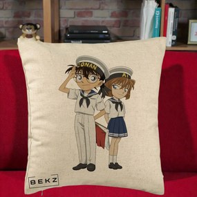 Perna Personalizata Detective Conan Conan si Ai Sailor, 40x40 cm, Bej, Husa Detasabila, Perna Inclusa, BEKZ®