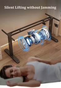 Birou reglabil în înălțime, două motoare electrice ridicare, suport caști, suport pahar, 140x60 cm, Negru