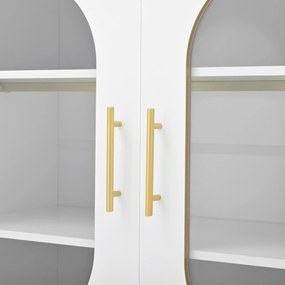 Comodă cu 2 sertare și 2 uși din sticlă, spațiu generos de depozitare, 140x38x90 cm, Alb