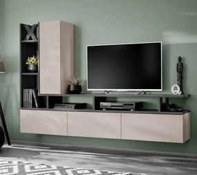 Mobila Living modern, casmir bej inchis stejar grafit, 210 cm lungime x35 cm adancime, suspendata- prindere perete, usi deschidere prin apasare-push