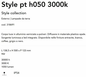 Stalp LED iluminat exterior Style pt h050 3000k alb