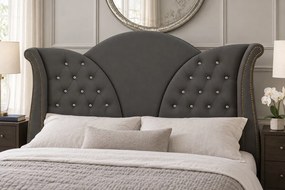 Pat tapițat Chesterfield din catifea Velora Cristal 140×200 cm, gri închis, cu ladă de depozitare