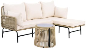 Set de mobilier de grădină cu cadru din fier, acoperit cu frânghie împletită manual și design în formă de L, Bej